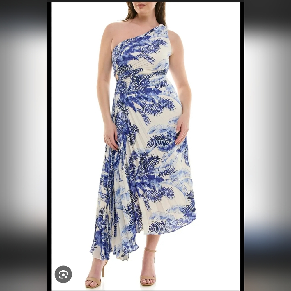NWT Nicole Miller Blue White One Shoulder Pleated Asymmetrical Midi Dress Sz 8